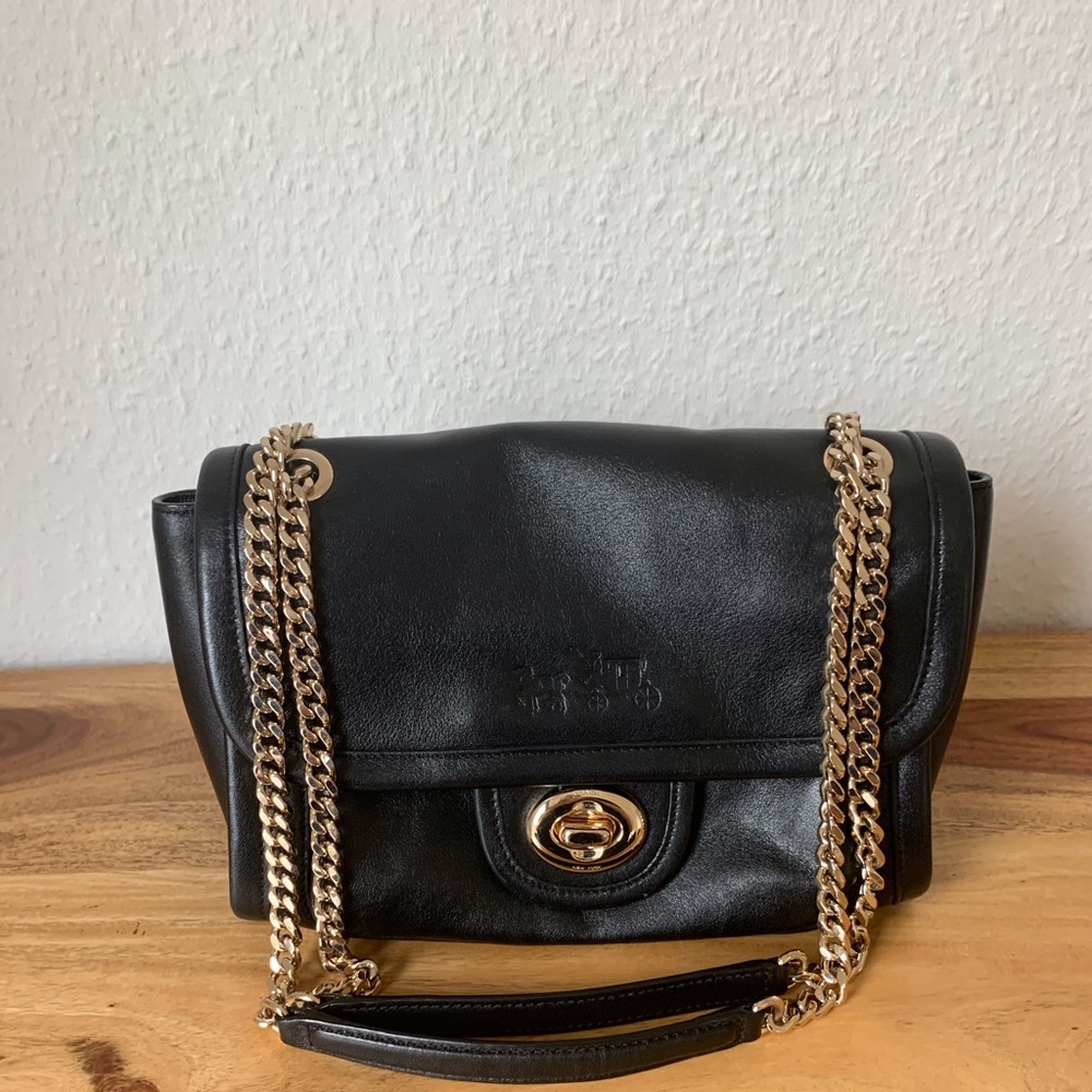 Black Coach leather bag with gold chain strap